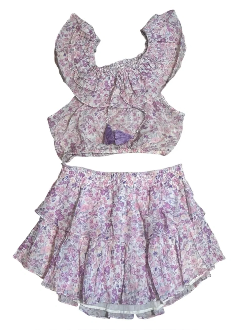 Loveshackfancy Dorin Top and Ruffle Skirt Set in Purple Iris Print Cotton Size L